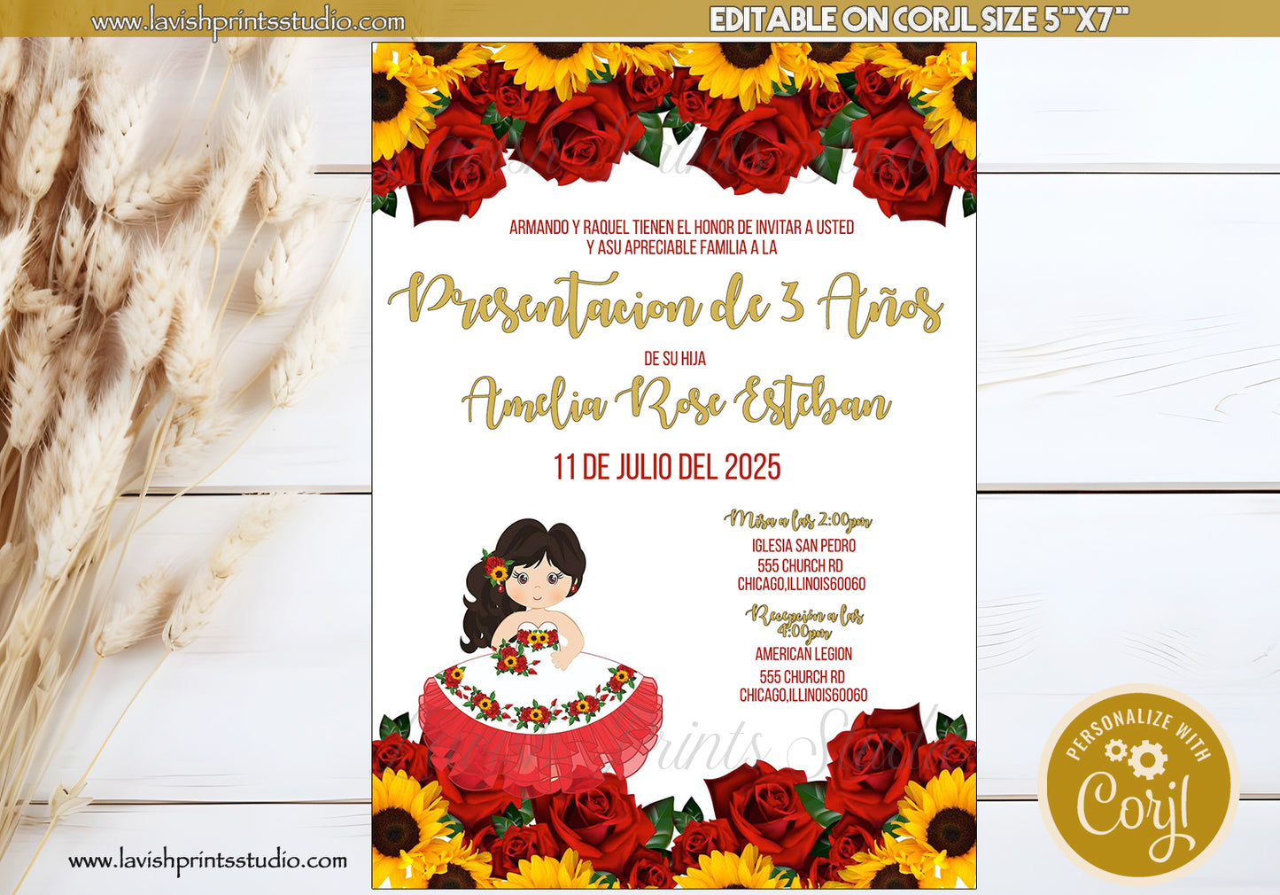 Editable Presentacion Invitation, Tres Años Party Invites, Gold Tiara 3 Años, Invitaciones de Tres Años, Sunflower Tres Anos Invitations