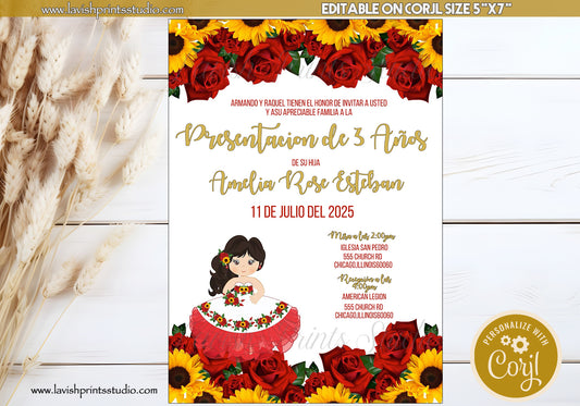 Editable Presentacion Invitation, Tres Años Party Invites, Gold Tiara 3 Años, Invitaciones de Tres Años, Sunflower Tres Anos Invitations