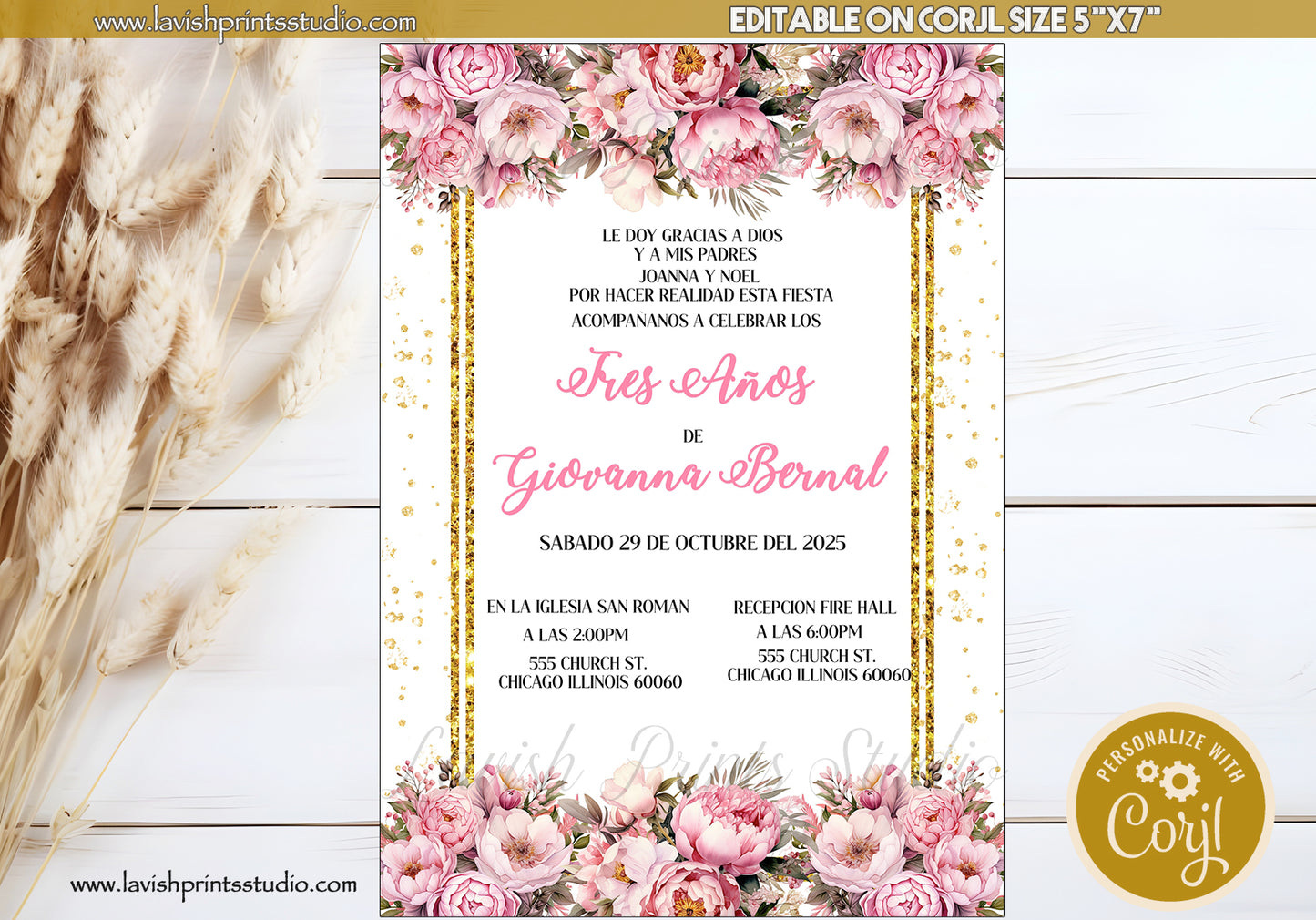 Editable Presentacion Invitation, Tres Años Party Invites, Gold Tiara 3 Años, Invitaciones de Tres Años, Pink Flowers Tres Anos Invitations