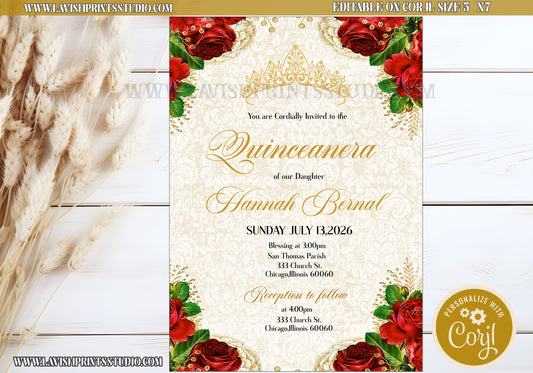 EDITABLE Quinceanera Invitation, Red Roses, Red Gold Quince, Mis Quince, Sweet 16, Red Floral Arch, Invitaciones Quinceanera