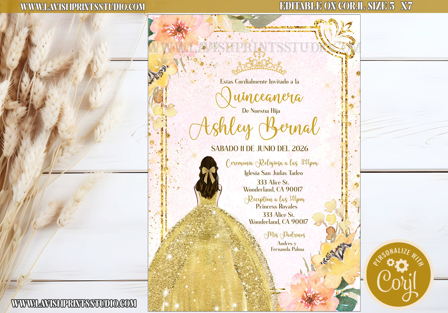 EDITABLE Quinceanera Invitation, Elegant Flowers, Pink Gold Quince, Mis Quince, Sweet 16, Pink Floral Arch, Invitaciones Quinceanera