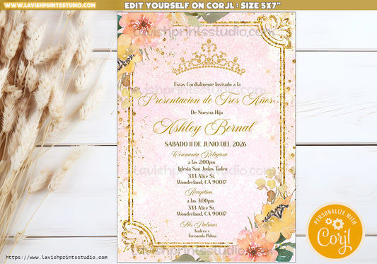 Editable Presentacion Invitation, Tres Años Party Invites, Gold Tiara 3 Años, Invitaciones de Tres Años,