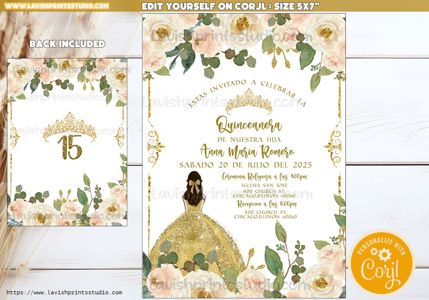 EDITABLE Invitation, White & Gold Floral Quinceanera Invitation, Birthday Invite, Mis Quince, Printable Invite, Template, Beige Gold Quince Ants Invites