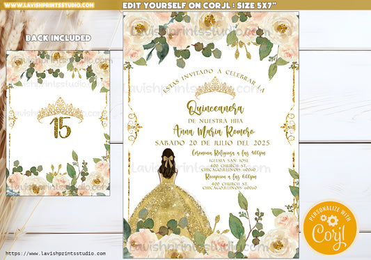 EDITABLE Invitation, White & Gold Floral Quinceanera Invitation, Birthday Invite, Mis Quince, Printable Invite, Template, Beige Gold Quince Ants Invites