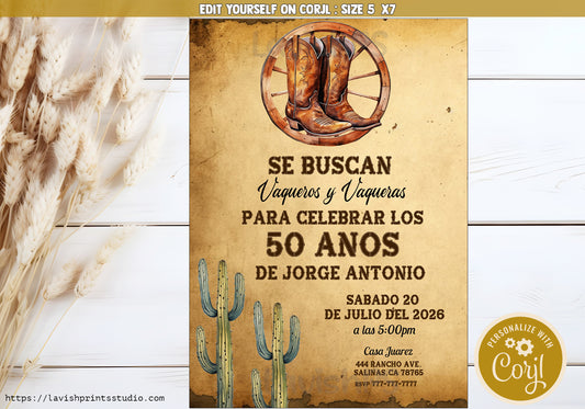 Editable Spanish Western Cowboy Birthday Invitation,  Vaquero Birthday Invitation , Western Theme Invite,Vaquero Western Theme Invites