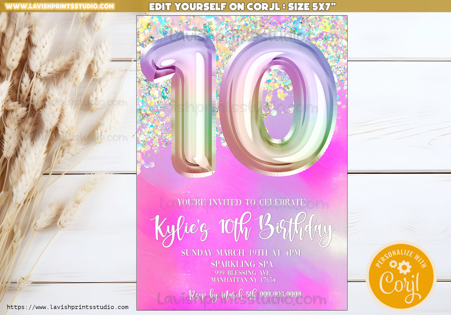 10th Birthday Invitation,Editable, Glitter Tenth Birthday Invitation, Template Editable Girls Invitation, Editable Glitter Birthday Party, 10th Foil Balloon Invites, 10TH Girl Foil Party Invitations