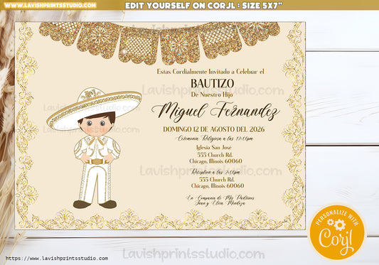 Charro Invitation,Mexican Theme Invites,Spanish Baptism, Charro Theme Bautizo, Invitaciones de Bautizo, Mexican Theme Baptism, EDITABLE