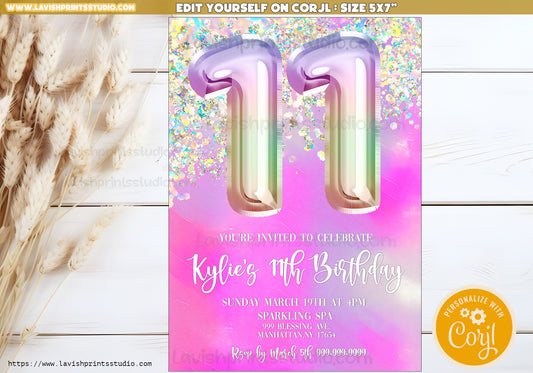 11th Birthday Invitation Glitter Eleventh Birthday Invitation Template Editable Girls Invitation Editable Glitter Birthday Party