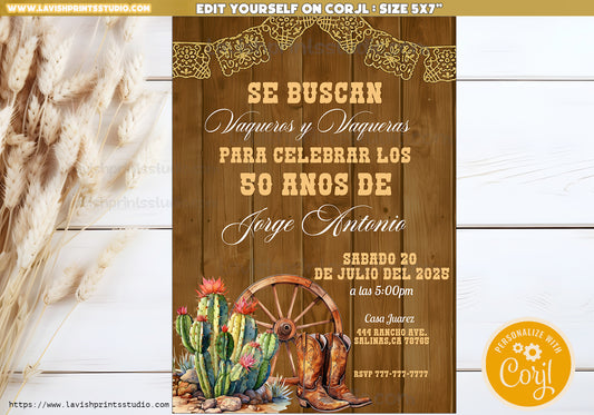 Editable Spanish Western Cowboy Birthday Invitation, Vaquero Birthday Invitation , Western Theme Invite,Vaquero Western Theme Invites