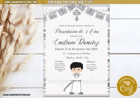 Editable Presentacion Invitation, Tres Años Party Invites, Silver Charro 3 Años, Invitaciones de Tres Años, Color Plata Invites,Mis tres año