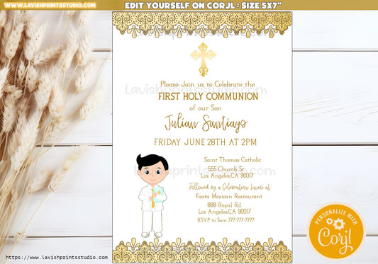 First Holy Communion Invitation Template, Primera Comunion Invitaciones , Editable First Communion Invite Card, Beige Arch, Boy First Communion Invitations, Invitaciones Primera Communion
