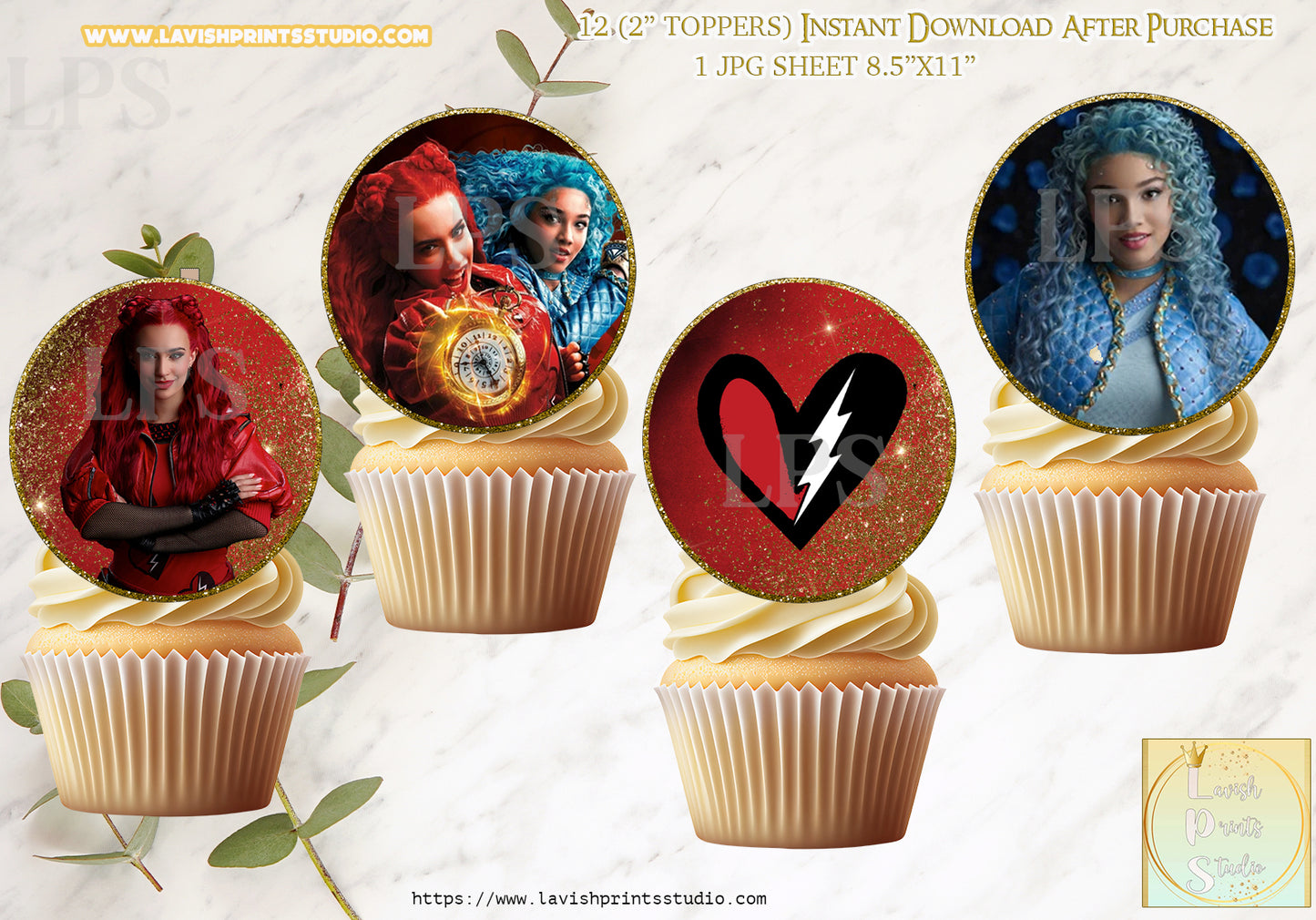 Descendants 4 Cupcakes Toppers, Printable Descendants Red and Chloe, Descendants toppers, 2 inch Toppers, Instant Download