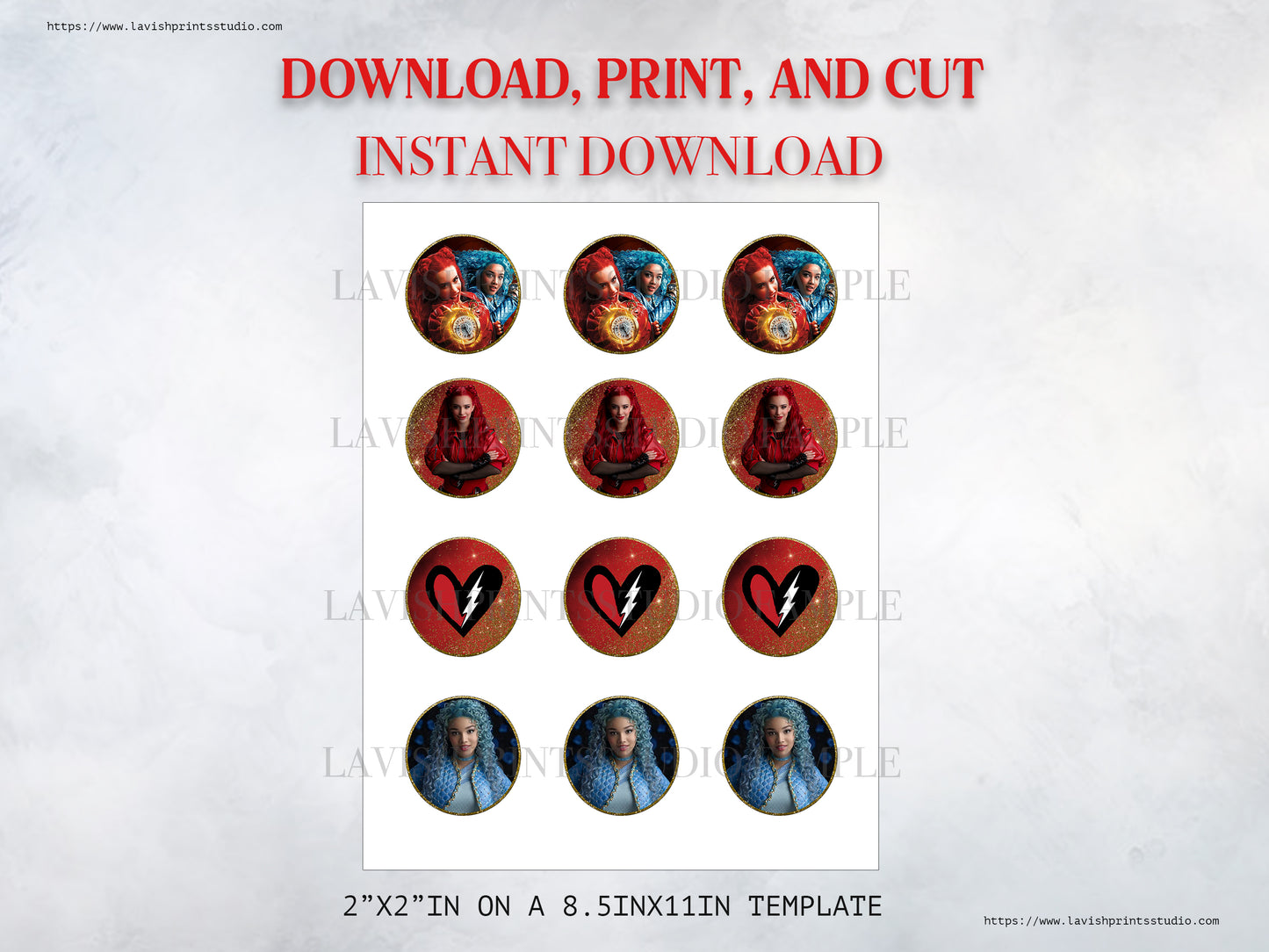 Descendants 4 Cupcakes Toppers, Printable Descendants Red and Chloe, Descendants toppers, 2 inch Toppers, Instant Download