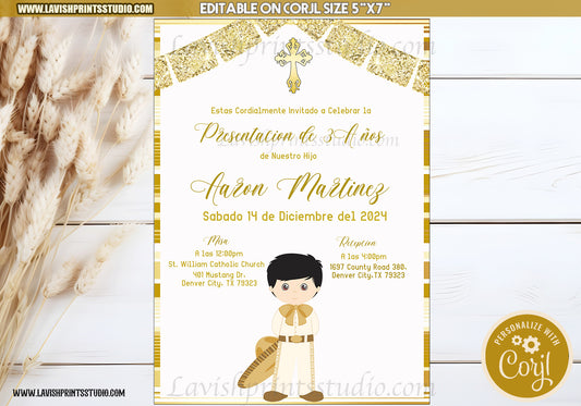 Presentacion Tres Anos Invitation, EDITABLE, Tres Años Party Invites,Gold Charro 3 Años, Invitaciones de Tres Años, Color Cafe Charro Invites,Mis tres años Invitaciones