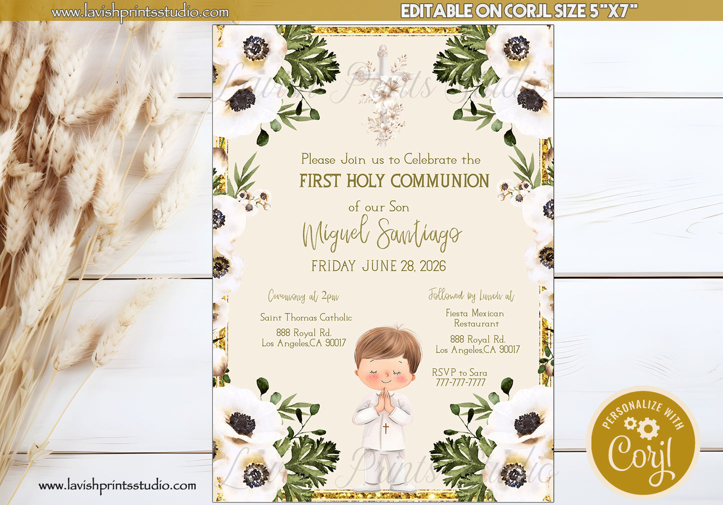 First Holy Communion Invitation Template, Primera Comunion Invitaciones , Editable First Communion Invite Card, Gold, boy