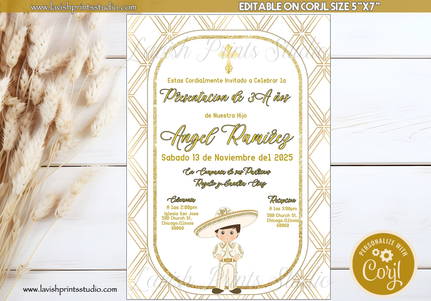 Presentacion Charro Invitations, Invitaciones Presentacion, Tres Años, Presentacion Charro Tres Anos Invitations, Gold Charro Invitations