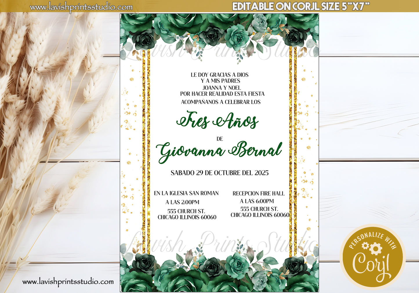Quinceanera Emerald Green Invitations, Verde Flores Quince Anos Invites, Green Floral Quinceanera