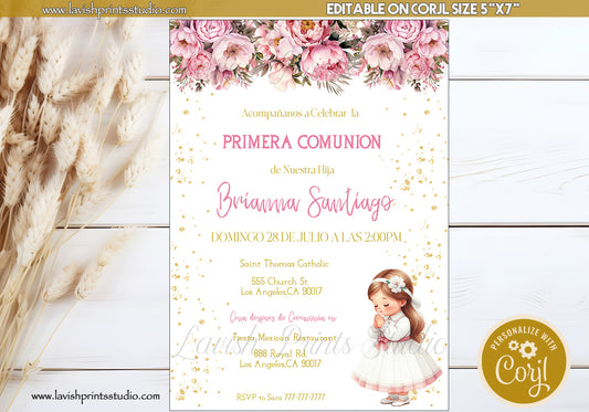 First Holy Communion Invitation Template, Primera Comunion Invitaciones , Editable First Communion Invite Card, Gold, Girl