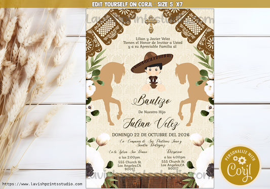 Charro Invitation, Mexican Charro Theme ,Spanish Charro Invitation, Invitaciones Bautizo, Charro Gold Invites, Editable, Charro Party,