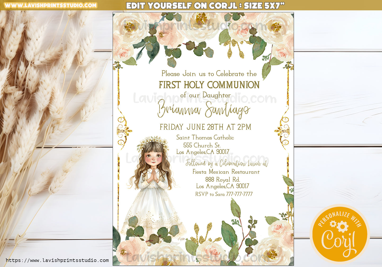 First Holy Communion Invitation Template, Primera Comunion Invitaciones , Editable First Communion Invite Card, Beige Arch, Girl