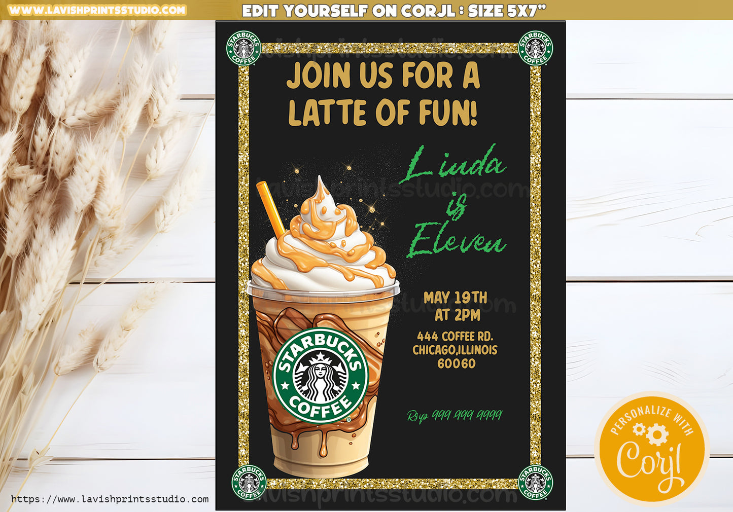 Coffee Invitation, EDITABLE, Starbies Invite, Latte Birthday Invites, Coffee Theme