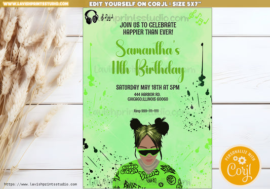 Billie Eilish Invitations, EDITABLE, Billie Eilish Celebration, Billie Eilish Birthday Party Invite