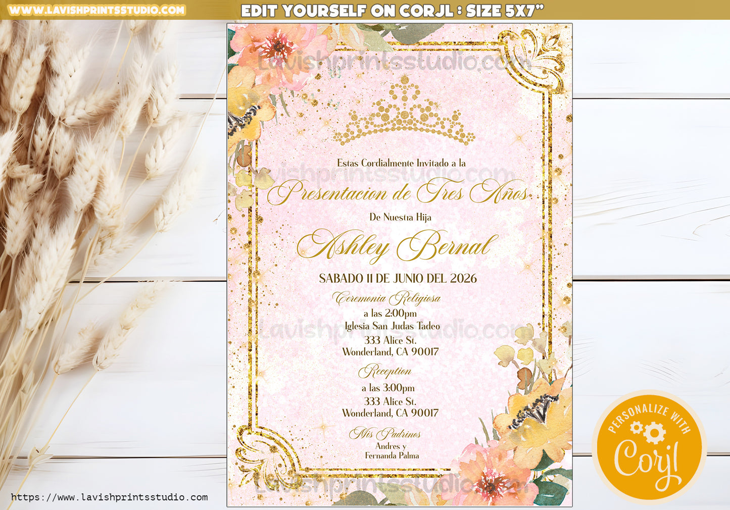 Editable Presentacion Invitation, Tres Años Party Invites, Gold Tiara 3 Años, Invitaciones de Tres Años,