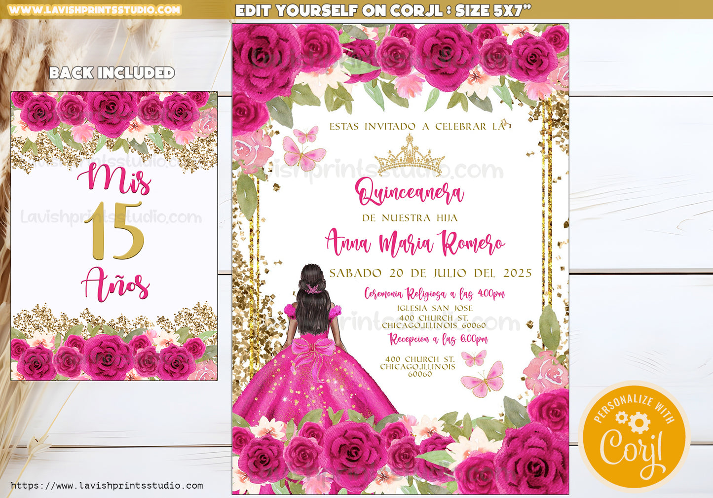 EDITABLE Invitation, Fuchsia Pink & Gold Floral Quinceanera Invitation, Birthday Invite, Mis Quince, Printable Invite, Template, Corjl