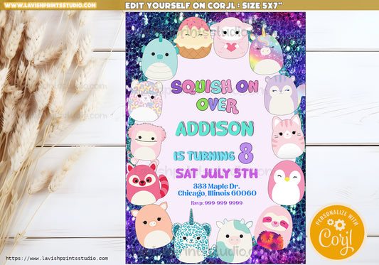 Squishmallow Birthday Invitation, Squishy Invitation,Customizable Squishmallows Birthday Party Invitation, Squishmallow Party, Editable