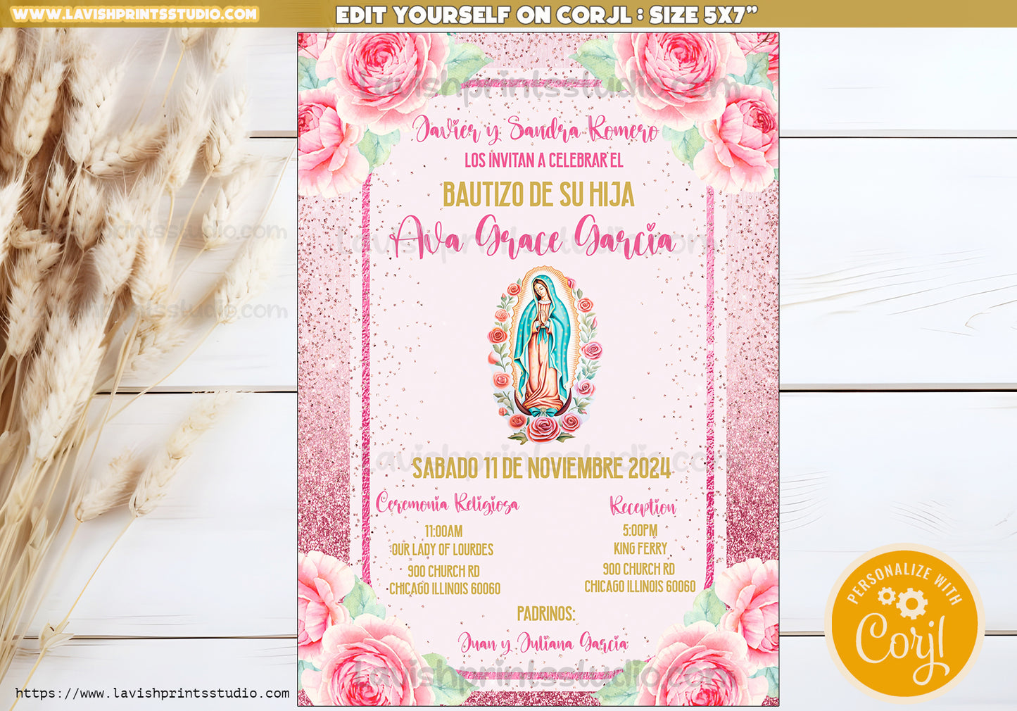 Virgen de Guadalupe Invitation, Spanish Baptism Invites, Virgencita Bautizo Invitation, Editable, Invitaciones Bautizo