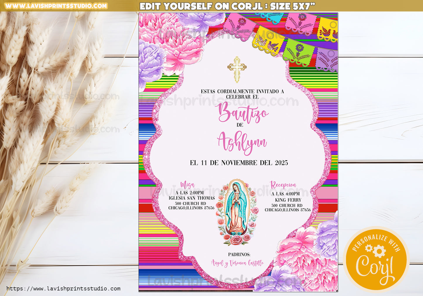 Virgen de Guadalupe Invitation, Spanish Baptism Invites, Virgencita Bautizo Invitation, Editable, Invitaciones Bautizo