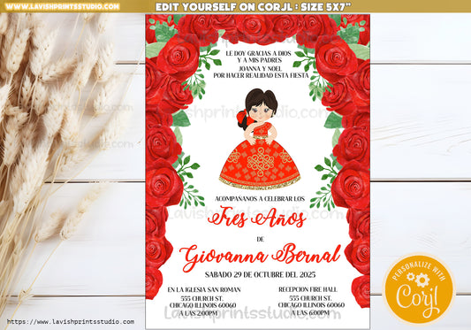 Presentacion de Tres Anos, EDITABLE, Invitación Fiesta Mexicana, Mexican Theme Girl Birthday Invites, 3 year party Invitation