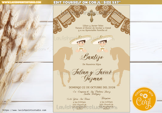 Charro Invitation, Twins Charro Invitation, Bautizo Charro Invitaciones, Gemelos Bautizo Charro