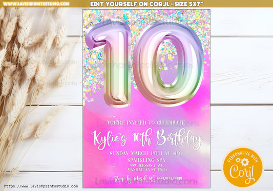 10th Birthday Invitation,Editable, Glitter Tenth Birthday Invitation, Template Editable Girls Invitation, Editable Glitter Birthday Party, 10th Foil Balloon Invites, 10TH Girl Foil Party Invitations