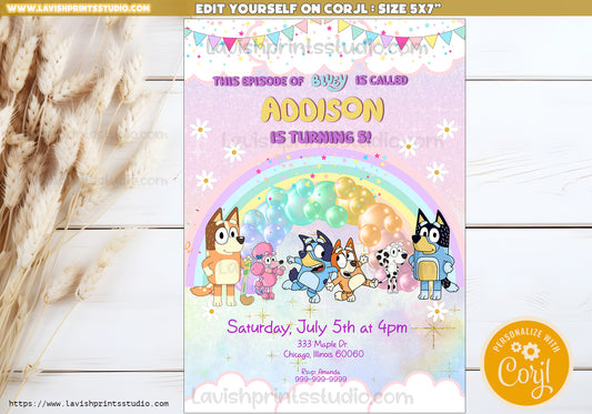 Girls Bluey Birthday Invitation, Blue Dog Invitation, Bluey Girl Invite, Bluey Girls Birthday Invitation, Editable, Invitacion Bluey