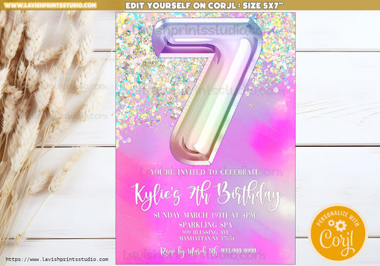 7th Birthday Invitation Glitter Seventh Birthday Invitation Template Editable Girls Invitation Editable Glitter Birthday Party