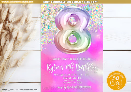 8th Birthday Invitation Glitter Eighth Birthday Invitation Template Editable Girls Invitation Editable Glitter Birthday Party