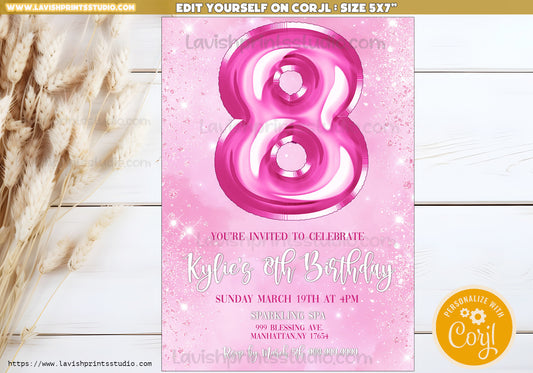 8th Birthday Invitation Glitter Eighth Birthday Invitation Template Editable Girls Invitation Editable Glitter Birthday Party