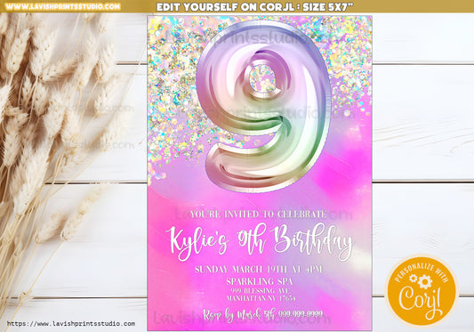 9th Birthday Invitation Glitter Ningth Birthday Invitation Template Editable Girls Invitation Editable Glitter Birthday Party