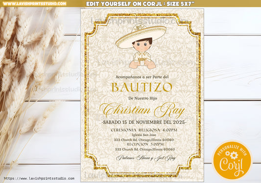 Charro Invitation,Mexican Theme Invites,Spanish Baptism, Charro Theme Bautizo, Invitaciones de Bautizo, Mexican Theme Baptism, EDITABLE