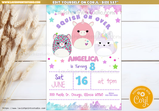 Squishmallow Birthday Invitation, Squishy Invitation,Customizable Squishmallows Birthday Party Invitation, Squishmallow Party, Editable