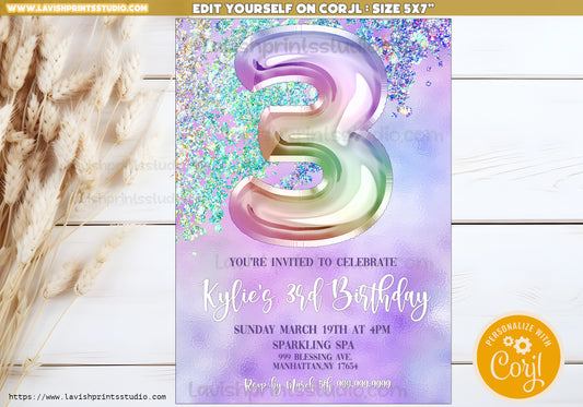 3rd Birthday Invitation Glitter Third Birthday Invitation Template Editable Girls Invitation Editable Glitter Birthday Party, Birthday 3