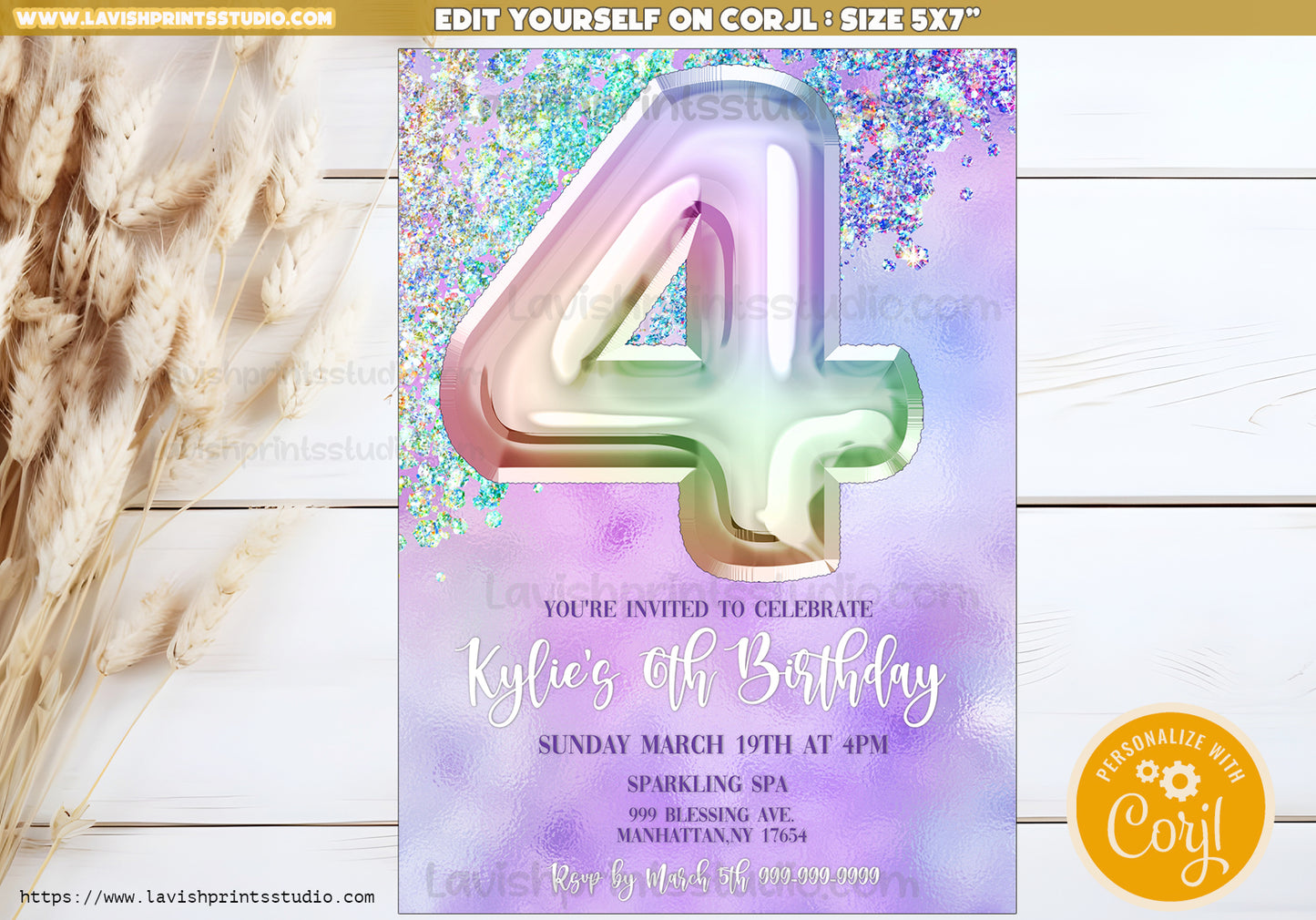 4th Birthday Invitation Glitter Fourth Birthday Invitation Template Editable Girls Invitation Editable Glitter Birthday Party