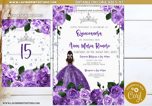 Quinceanera Invitation + Back Template, Purple Lavender Flowers, Royal Purple, Royal Purple  Silver,Printable Instant Download,