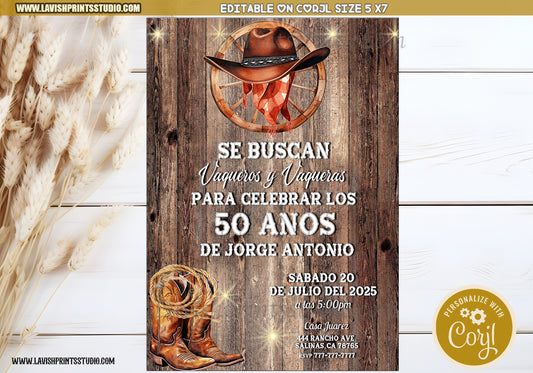 Spanish Western Cowboy Birthday Invitation, Vaquero Birthday Invitation , Western Theme Invite,Vaquero Western Theme Invites