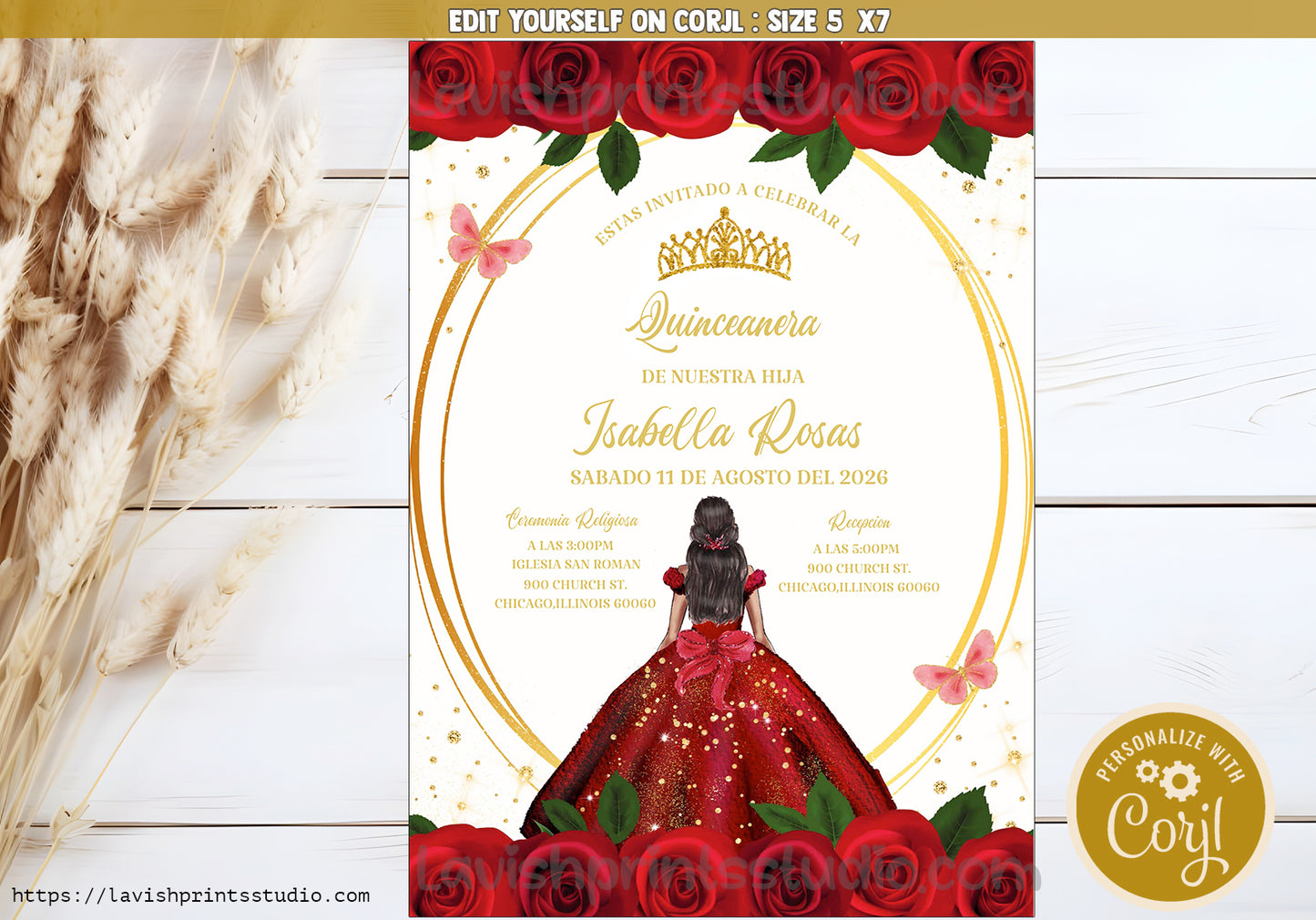 Editable Invitation, Elegant Red and Gold Floral Quinceanera Invitations, Red Rose Quince Anos Invites, Quinceanera Template, Corjl, Red Quinceanera Invites, Affordable Quinceanera Invitations, Invitaciones de Quinceanera