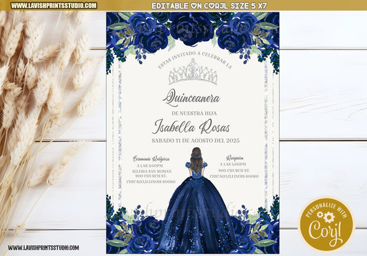 Quinceanera Invitations, Navy Blue Silver Quinceanera Invites, Blue Quince Anos Theme, Silver Navy Blue Quinceanera Invitaciones, Arch Navy