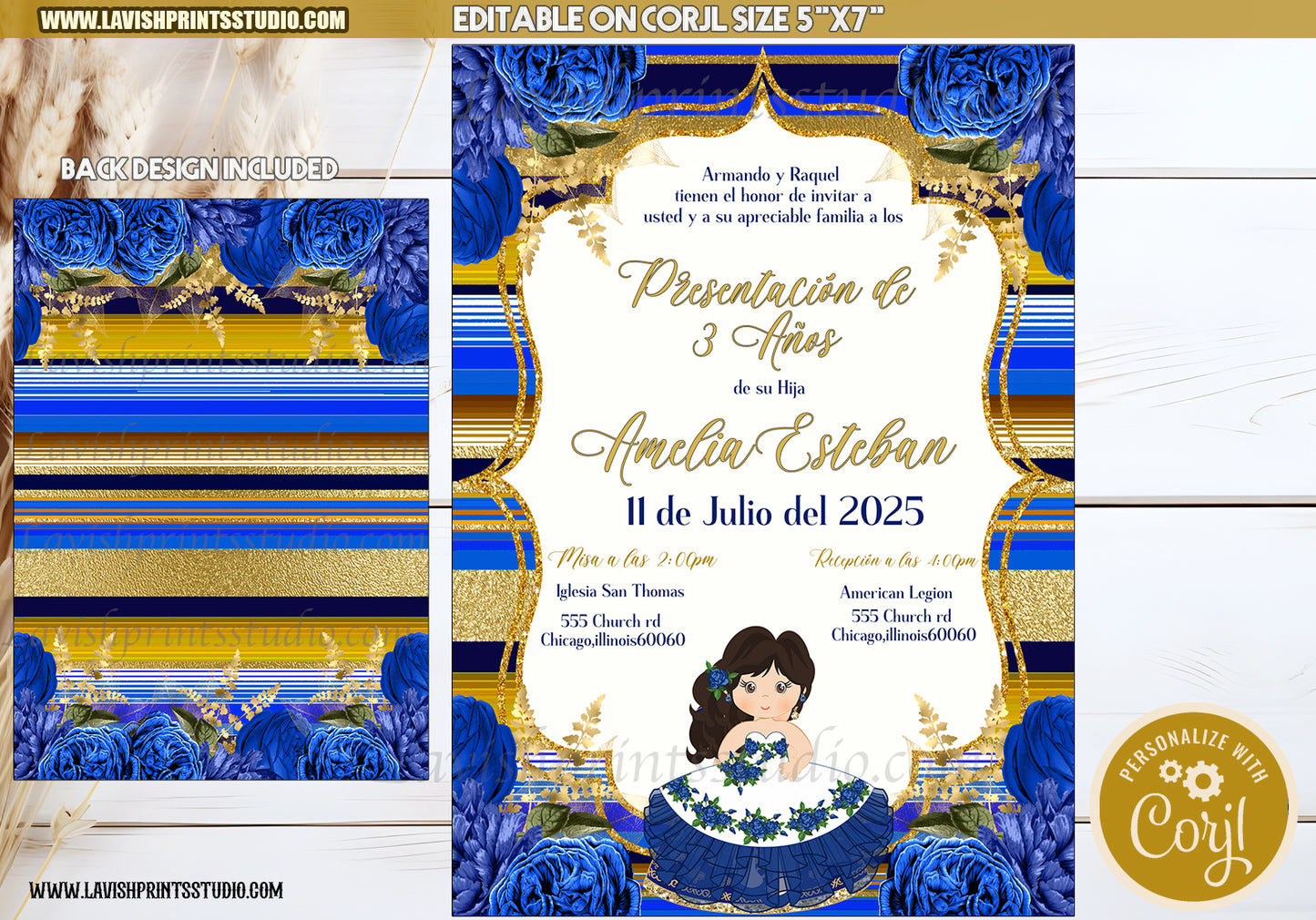 Presentación Tres Años Invites,Editable, Invitaciones de Tres Años, Royal Blue Birthday Dress Invitation, Azul Royal 3 Year Party