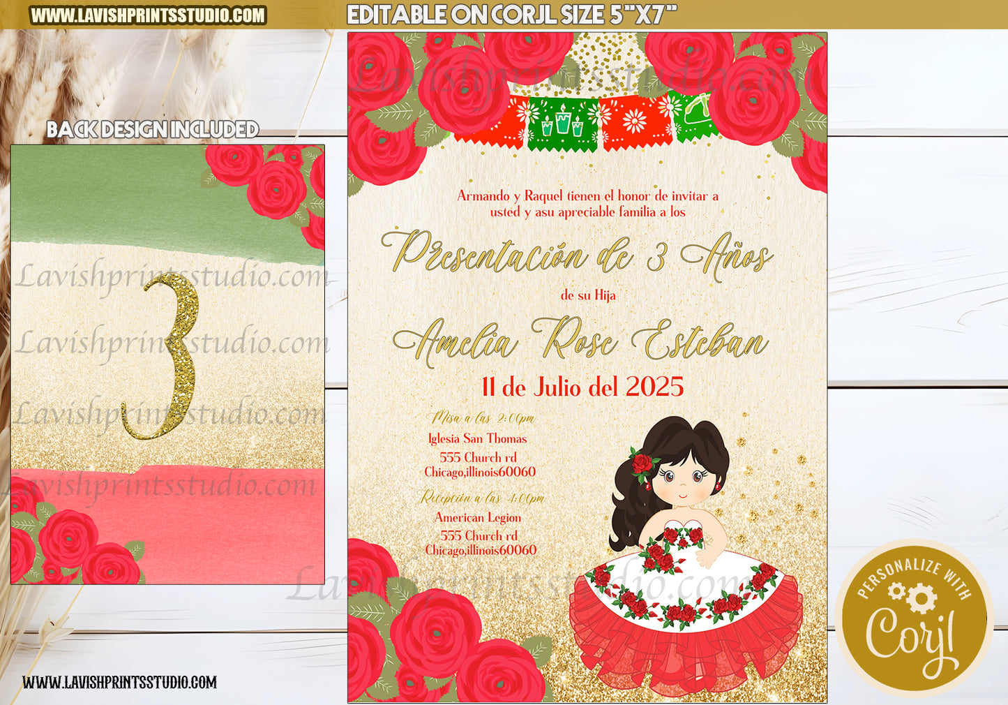 Presentacion de Tres Anos, EDITABLE, Invitación Fiesta Mexicana, Mexican Theme Girl Birthday Invites, 3 year party Invitation