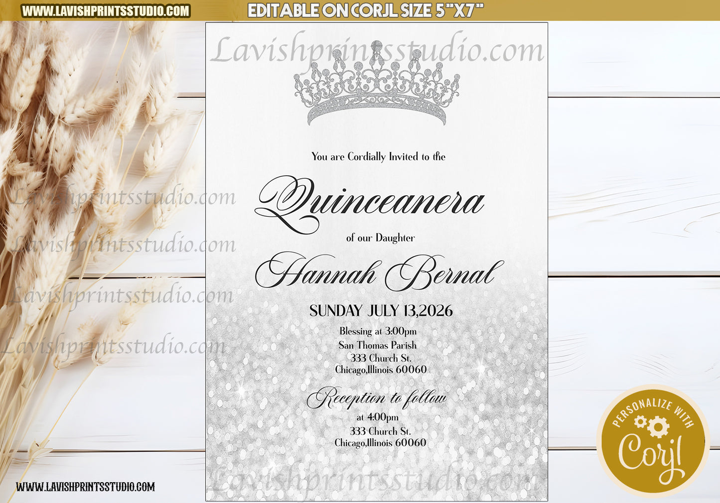 EDITABLE Quinceanera Invitation, Silver White Quinceanera Invites, Mis Quince, Sweet 16, Silver Tiara Quince, Silver Invites,Invitaciones Quince Ants Color Plata